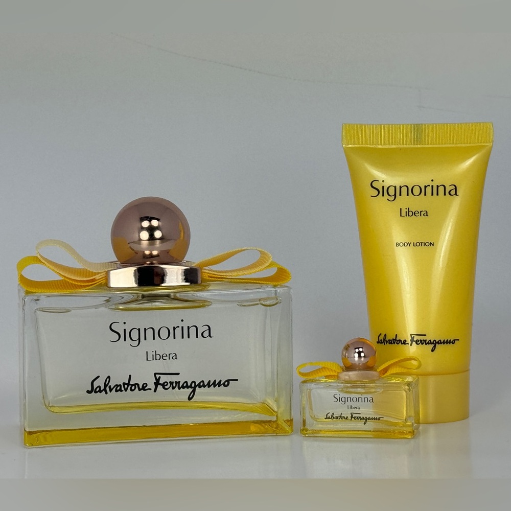 Ferragamo Signorina Libera Eau de PARFUM 3.4oz Body Lotion Travel Spray 3-pc Set